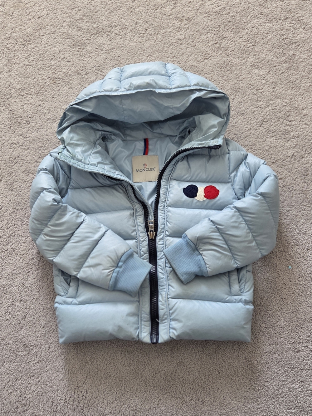 Moncler Light Blue Kids Hooded Puffer Jacket with Red & Navy Accents